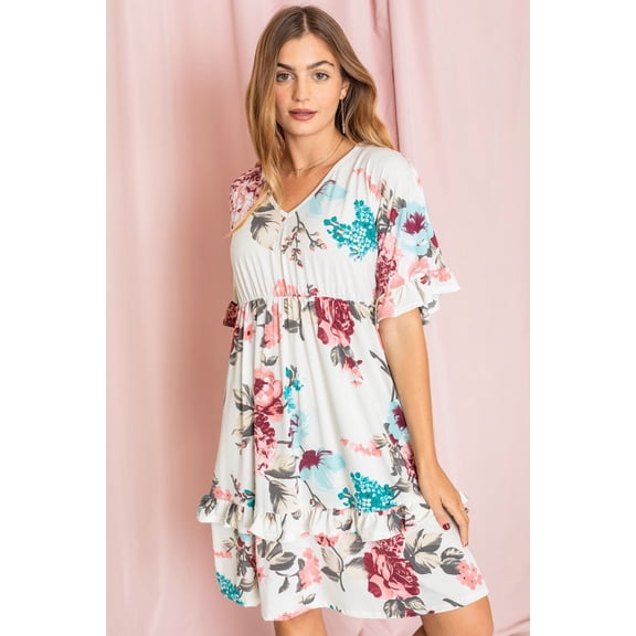 Ivory Pink Blue Floral Ruffle Trim V- Neck Midi Dress