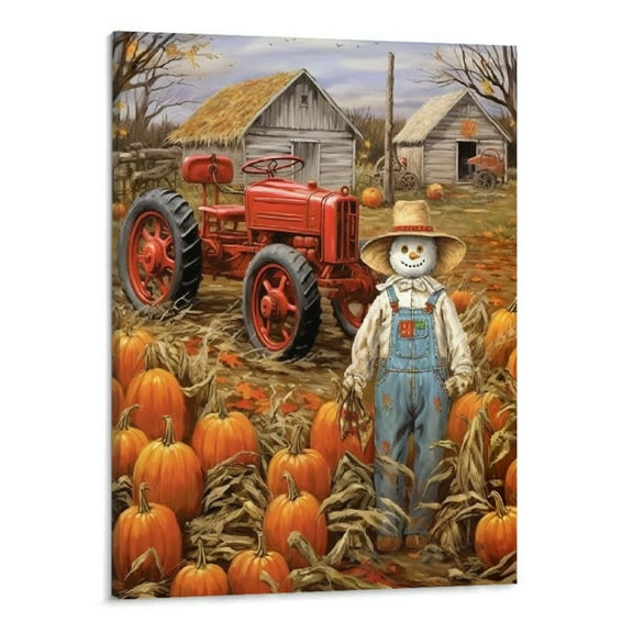 JRXY Farmhouse Pumpkin Wall Art Fall Patch Harvest Pictures Decor Autumn Barn Truck Canvas Prints Painting Artwork Home Thanksgiving Gift for Kitchen Bathroom Dining Room Framed 16''x20'' 16x20in