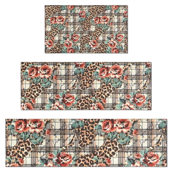 Pioneer Flower Floral Print Pattern Kitchen Rugs Sets Of 3,Kitchen Runner Rugs Non Skid Washable,Decorative Kitchen Floor Mats for Kitchen,Sink,Laundry,17"x30"  17"x47"   17"x59"