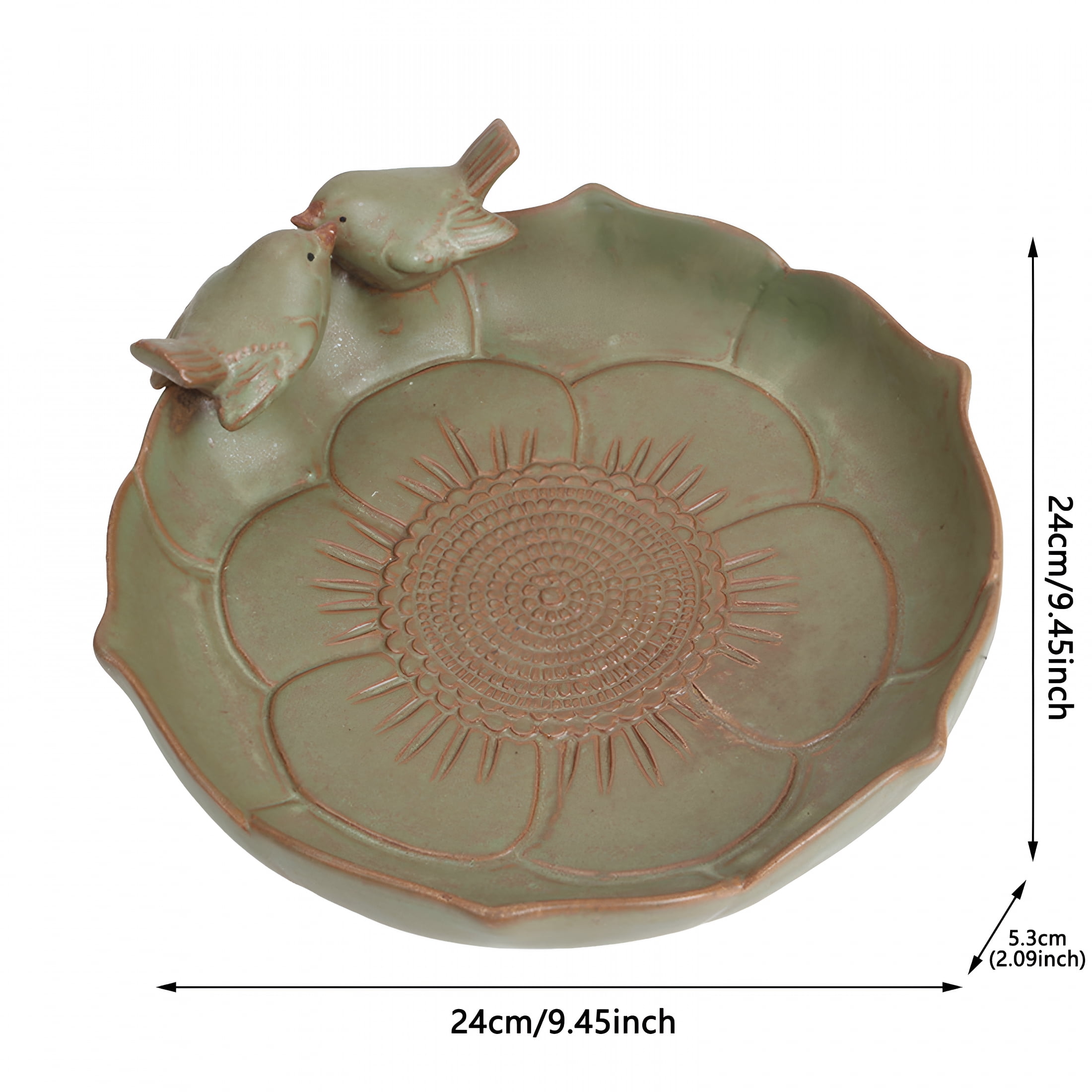 ACDANC Light Green Ceramic Heavy Duty Wild Bird Bath Bowl or Feeder for Outdoor Garden, Bowl Only 24x24cm, Brown
