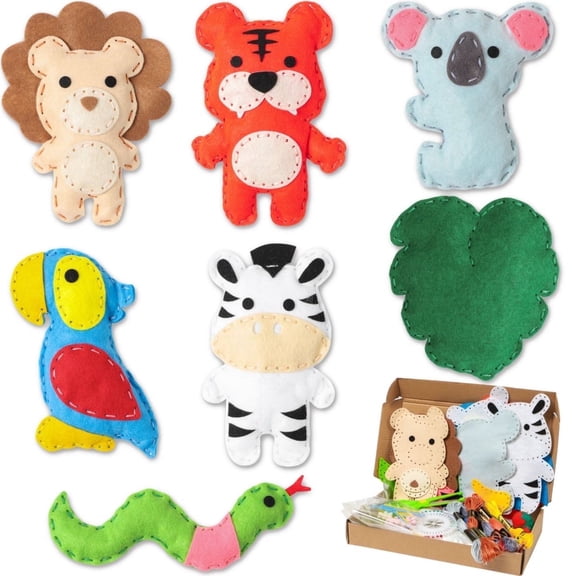 MALLMALL6 Creativity Felt Jungle Animals Sewing Craft Kit for Handmade Class, 7 Pieces