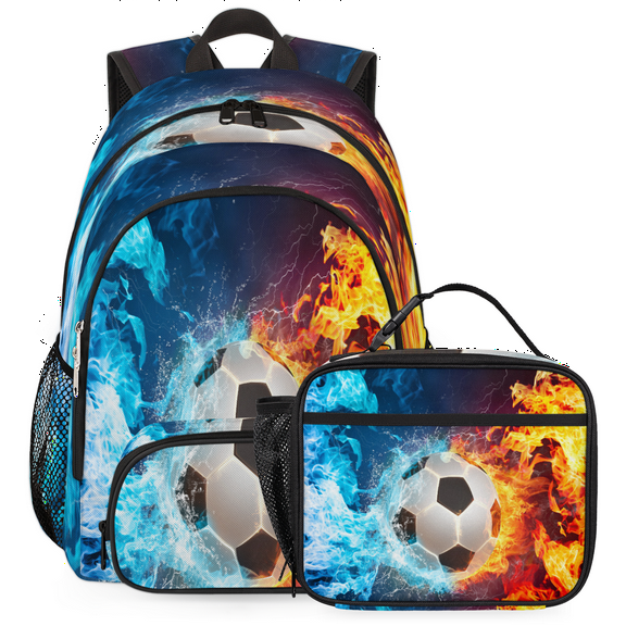 Herdesigns Football Ball Flame Large Backpack Set with Lunch Box Lightweight Water Resistant Travel Laptop Backpacks Casual Daypacks for Women Men