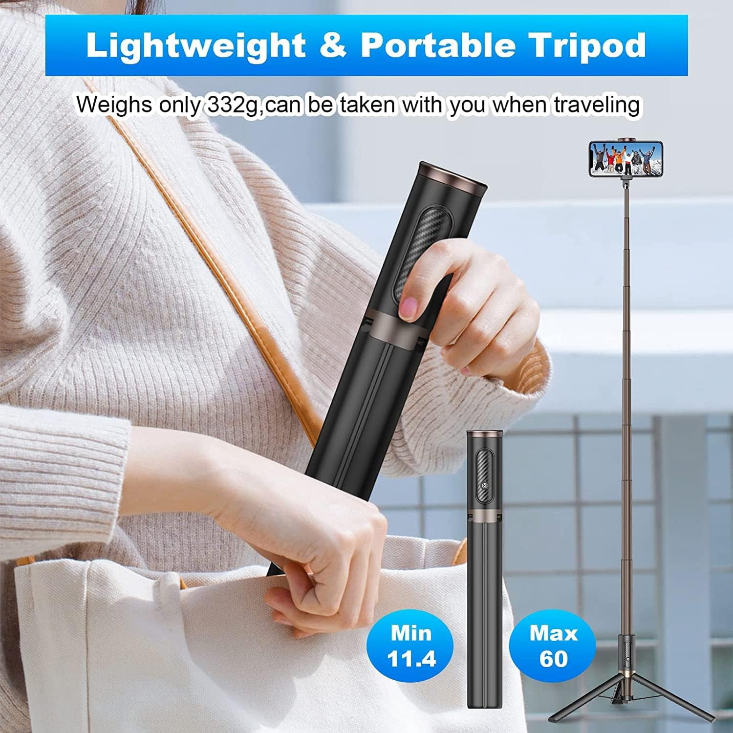 XIHAMA Travel Tripod, Cell Phone Selfie Stick, 60 Inch All-in-1 Stand with Integrated Wireless Remote, Lightweight and Portable, Extendable Tripod for iPhone and Android
