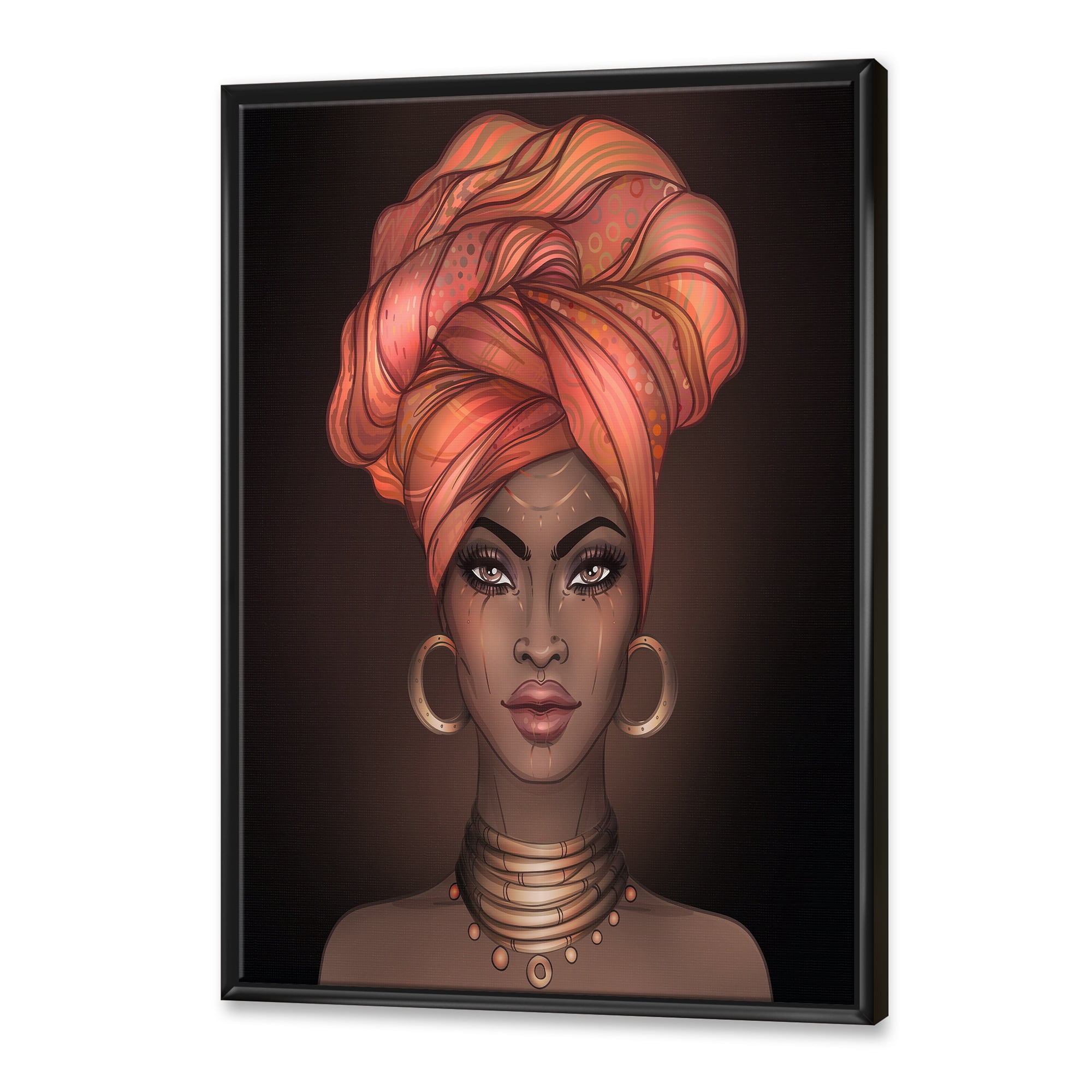 Designart 'African American Woman Portrait with Turban V' Modern Framed Canvas Wall Art Print