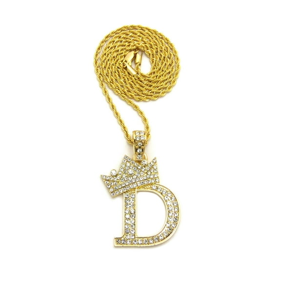 Stone Stud Allover Tilted Crown Initial D Pendant w/ 2mm 24" Rope Chain Necklace, Gold-Tone