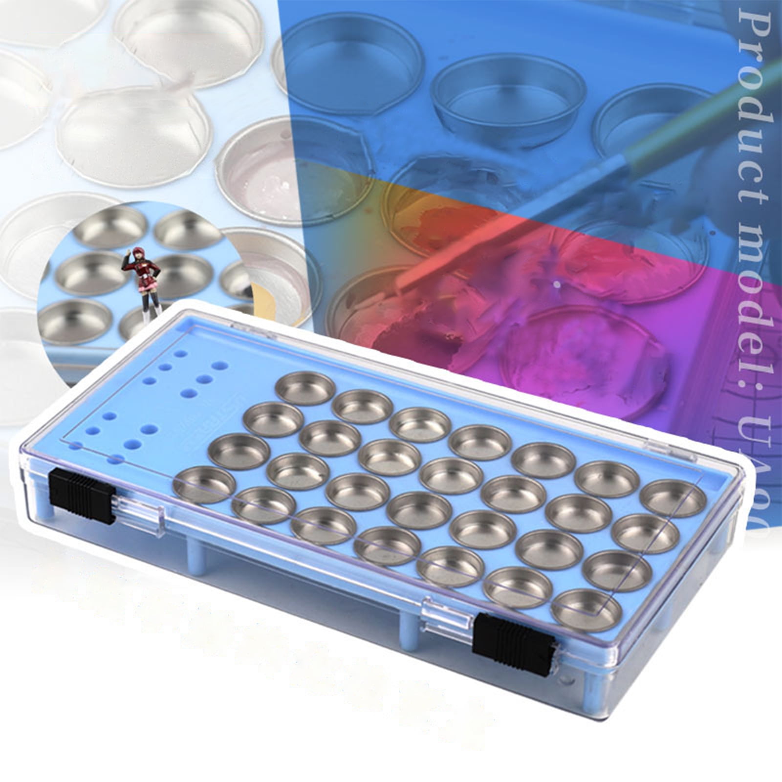 28-Slot Metal Paint Palette Durable, Reusable Design with Brush Holders and Tool Compartment