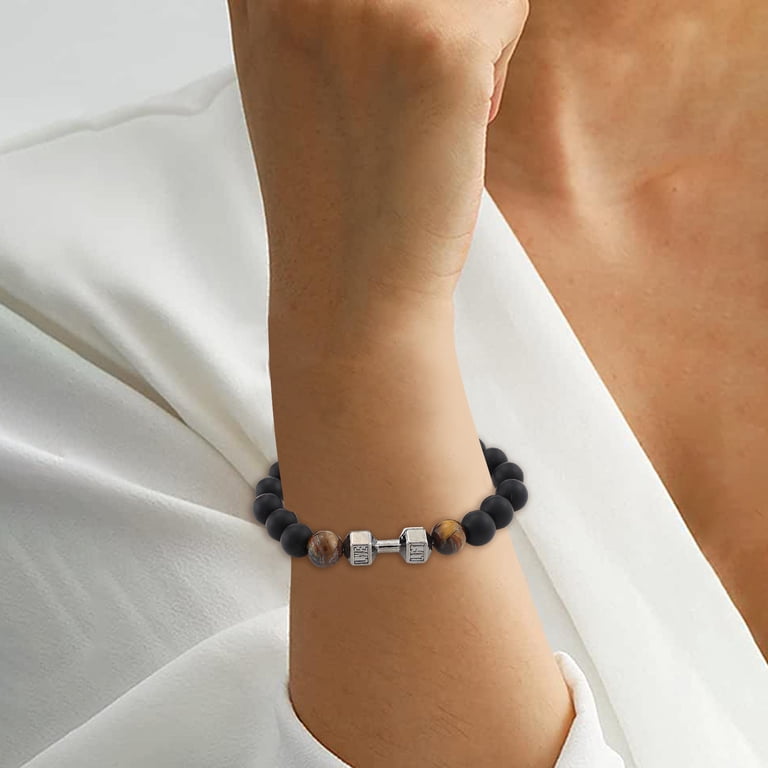 Handmade Lava Rock Beaded Dumbbell Bracelet For Men Women, Elastic Yoga Stretch Bracelet Natural Stone Boho Jewelry Energy Bracelet Gift 8mm Black