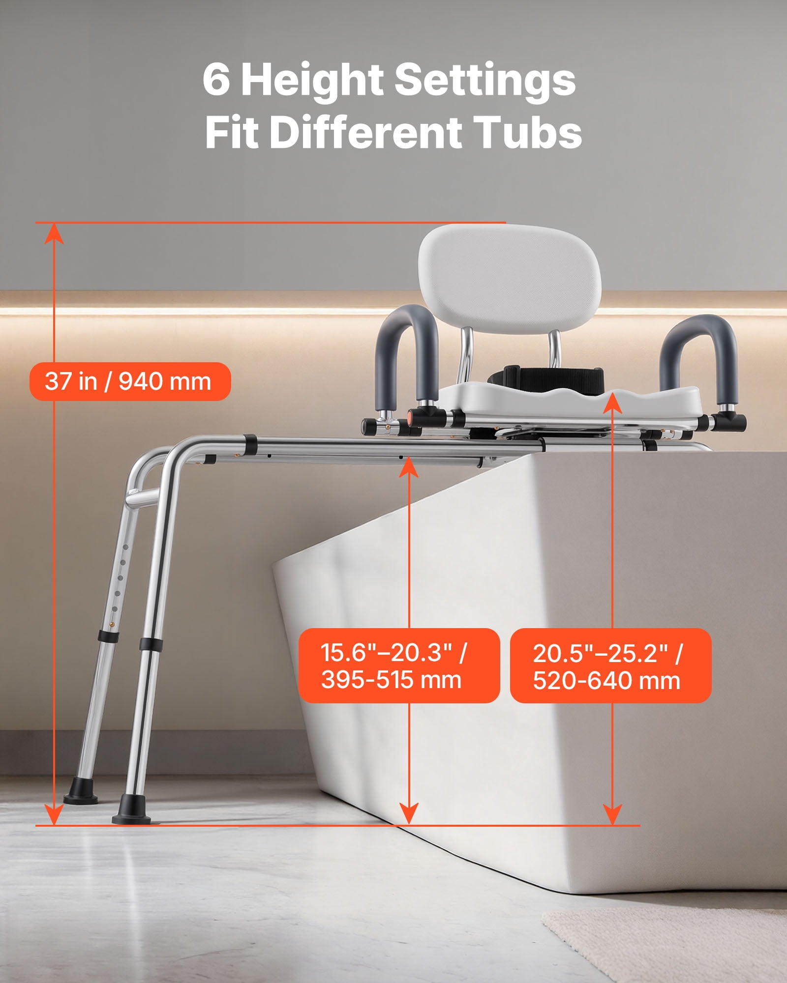 VEVOR Sliding Shower Chair, 400 lbs Tub Transfer Bench for Bathtub with Swivel Seat, Shower Bench with Pivoting Arms and Backrest, Height & Width Adjustable for Handicap, Seniors,Elderly and Disabled