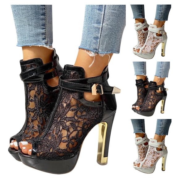Modisza Women Open Toes Lace Ankle Boots Back Zipper Wedding Stiletto Ladies High Heels Summer Outdoor Walkiing Shoes Black 7