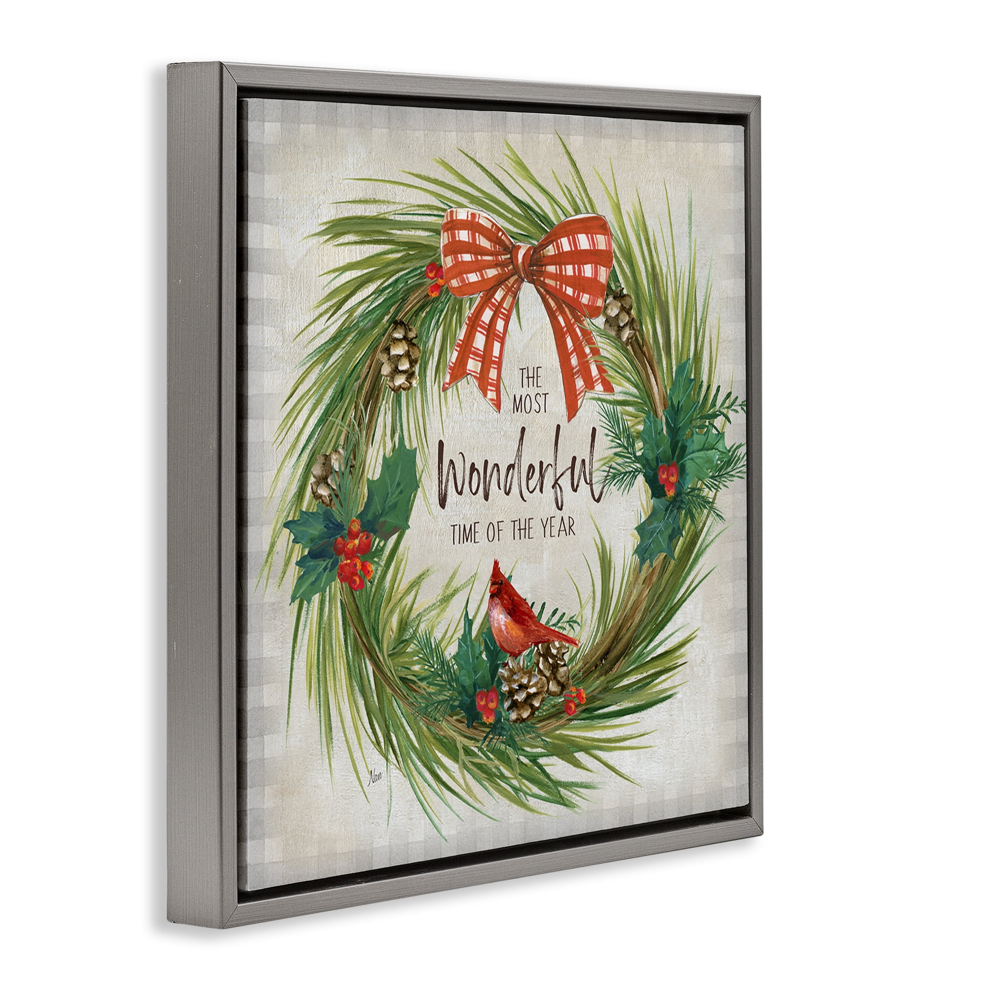Stupell Industries Most Wonderful Time Wreath Holiday Painting Gray Floater Framed Canvas Art Prints Wall Art, 18 x 18