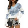 thumbnail image 3 of Female Striped Sweater Casual Leopard Long Sleeve V Neck Chunky Knit Drop Shoulder Pullover Jumper Tops Blue L, 3 of 8