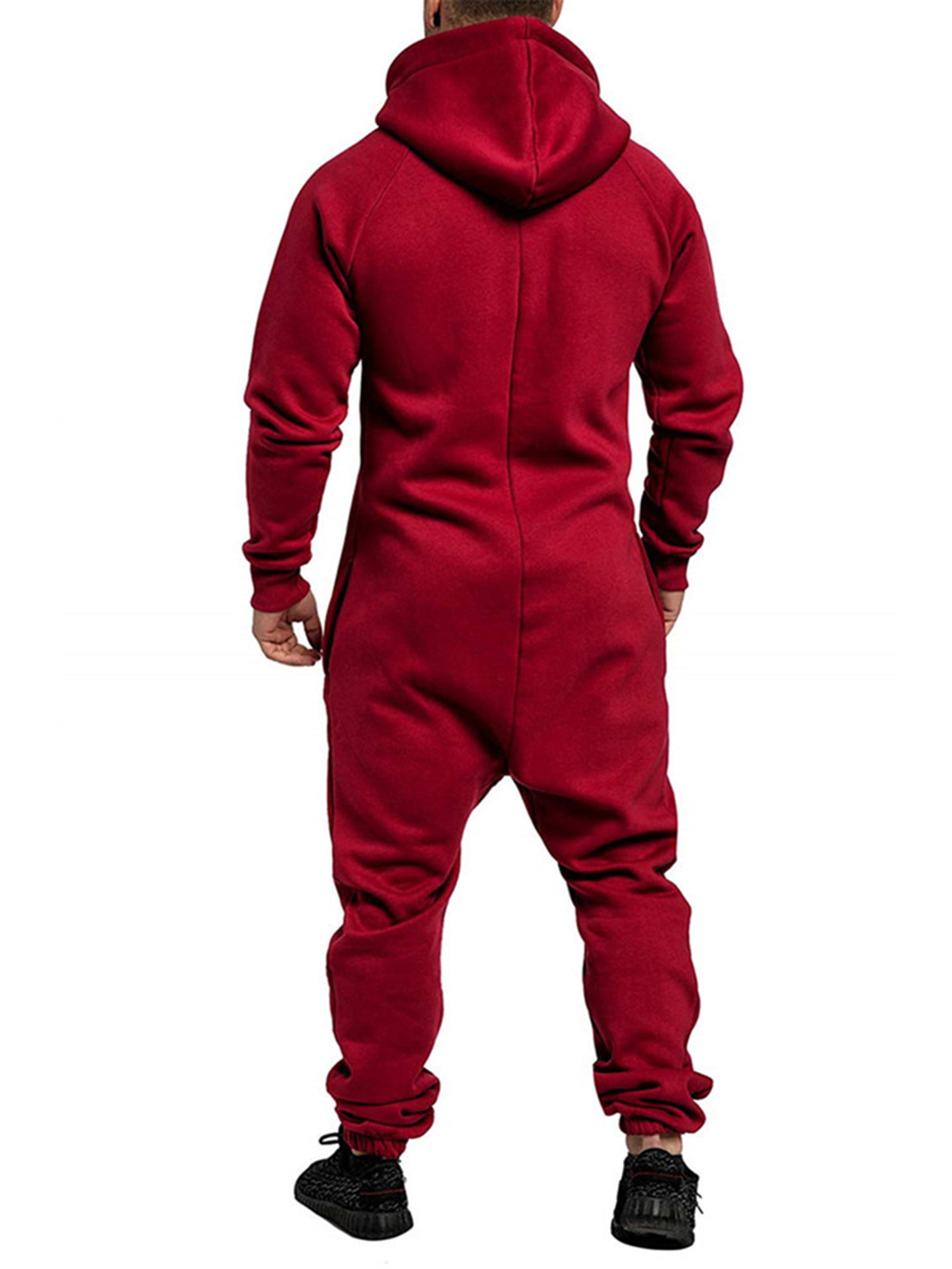 Mens Unisex One Piece Hoodies Pajamas Jumpsuit Warm Nightwear Solid Color Zipper Non Footed Pajama Playsuit 