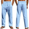 thumbnail image 5 of YUGYXL Men's Cotton Linen Drawstring Pants Casual Stretch Waist Wide Leg Pants with Pockets Outdoor Straight Pants Light Blue S, 5 of 9