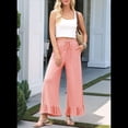 thumbnail image 4 of Womens Wide Leg Pants Drawstring Elastic High Waisted Ruffle Hem Palazzo Pants with Pockets Pink XXL, 4 of 8
