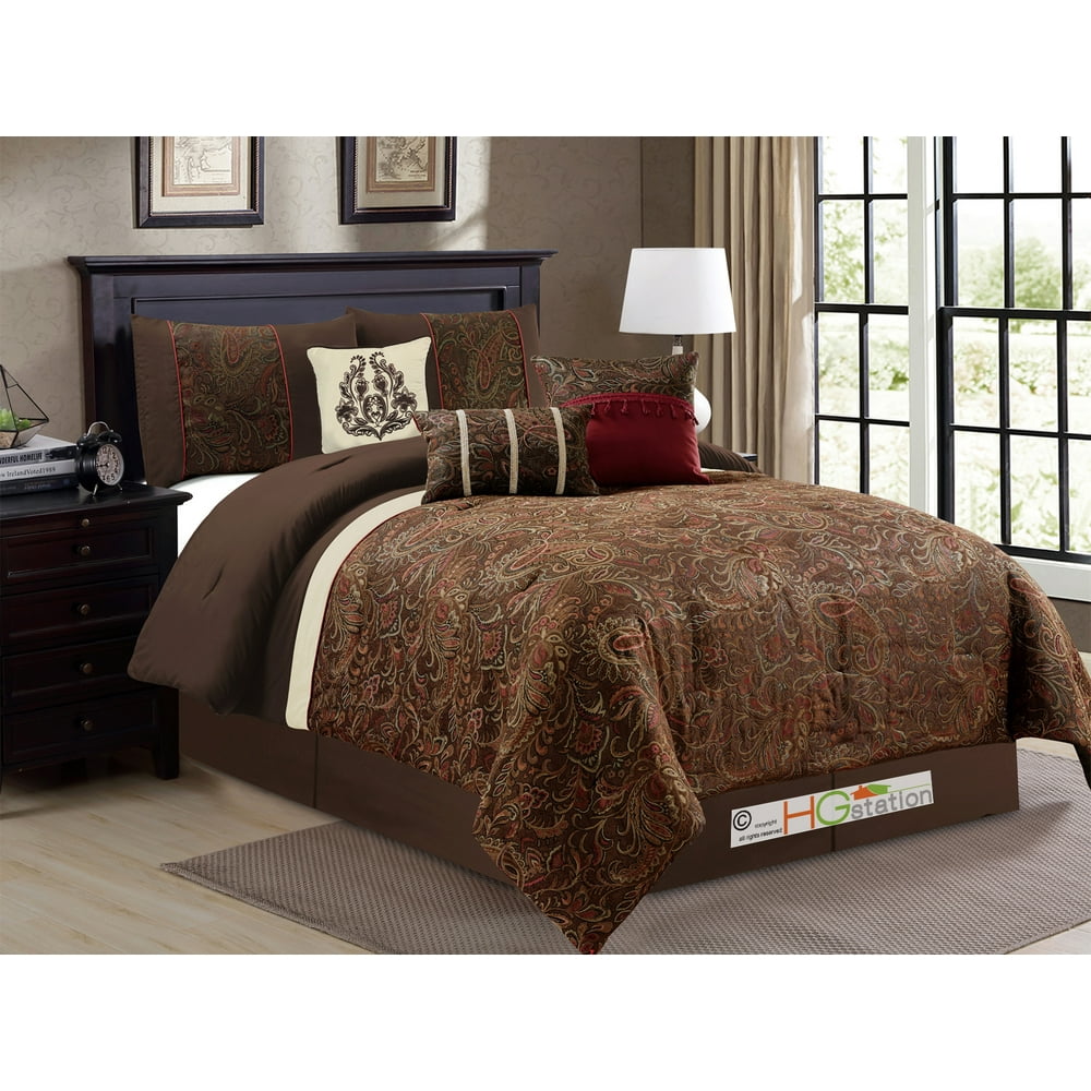 7Pc Londyn Chenille Floral Scroll Damask Leaves Comforter Set Brown