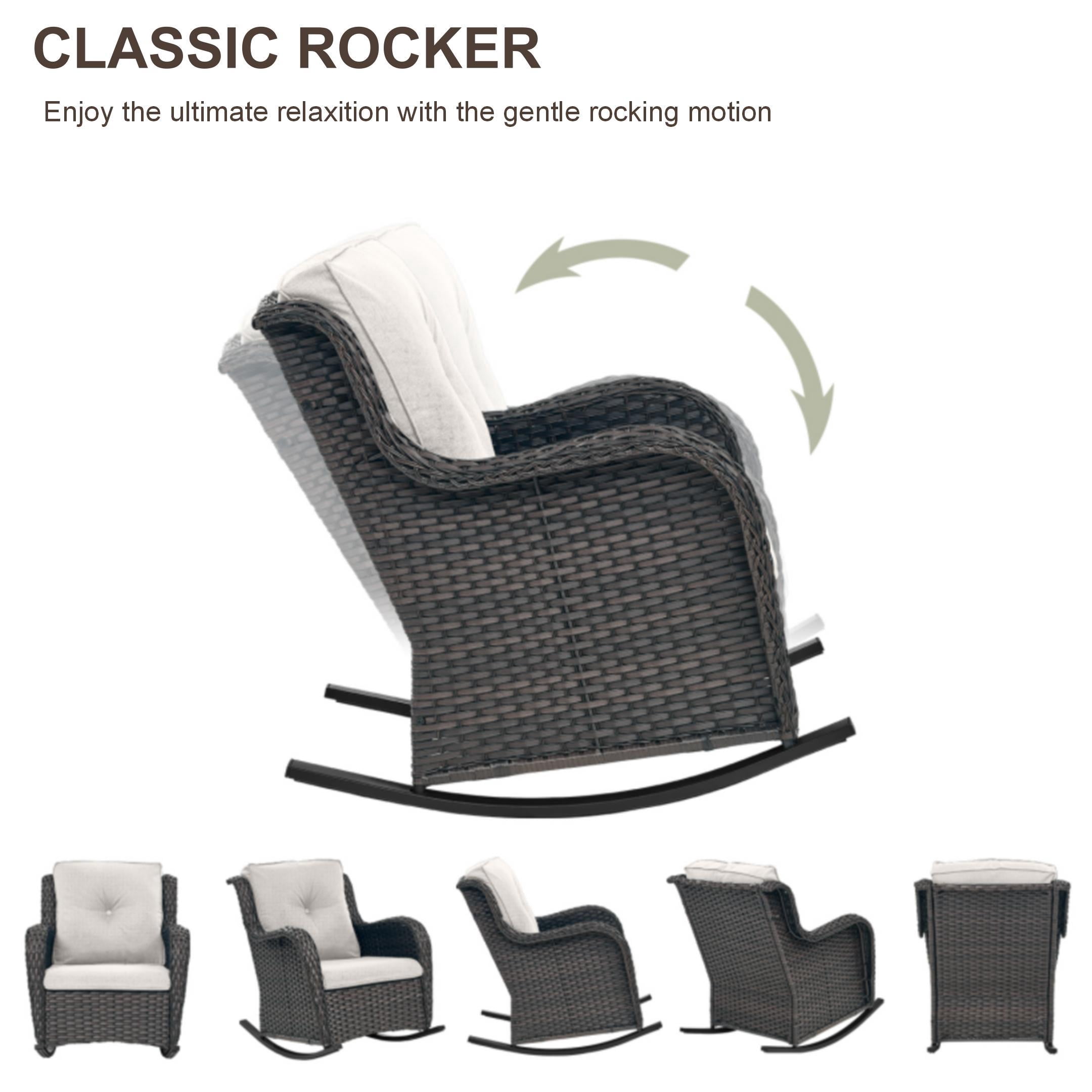 PARKWELL Outdoor Wicker Rocking Chair - 3 Piece Rattan Patio Bistro Set 2 Rocker Chairs and Glass Coffee Side Table - Set of 3 - Beige
