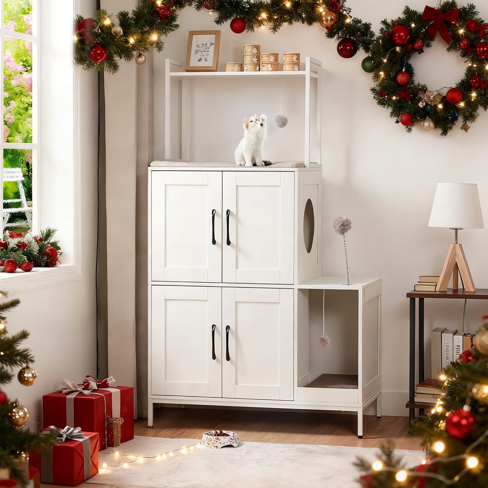 HOOBRO Litter Box Enclosure, Litter Box Furniture with Storage, 2-in-1 Hidden Cat Furniture with Shelf, 2 Dangling Plush Balls and 1 Toy Ball, Large Wooden Cat Washroom, White WT78MW01