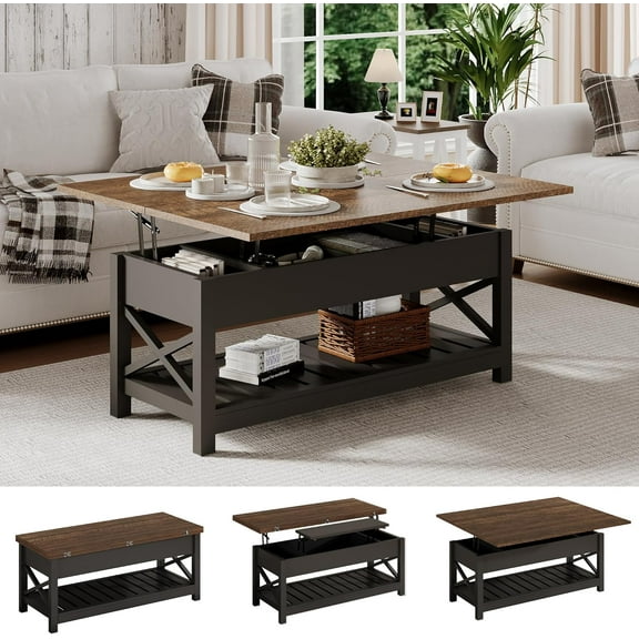 ChooChoo Coffee Table Lift Top, Multi-Function Convertible Coffee Tables with Storage and Hidden Compartment, Coffee Table Converts to Dining Table for Living Room, 40 Black & Espresso