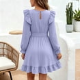 thumbnail image 7 of Girls Ruffle Dress Long Sleeve Crewneck Waist Belt Dress Kids Solid Color Casual Comfortable Outfits for Daily Wear Purple 3-4 Years, 7 of 7