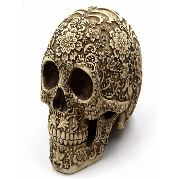 Creative Skull Flowers Sculpture 8.1'' Human Head Skeleton Statue Collectible Halloween Decoration Home Decor,Gold