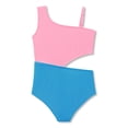 thumbnail image 2 of Serdomi Girls One Piece Swimsuit Trendy Pink Sky Blue Rib Knit Color Block Side-Cutout Bathing Suit for Little & Big Kids Size 12, 2 of 8