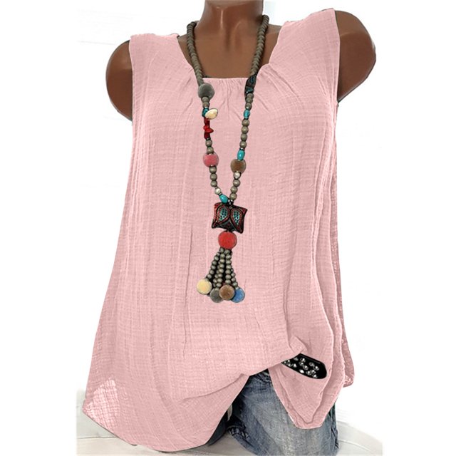 Meichang Débardeurs Unis pour Femmes Col Rond Plissé Chemises en Coton Lin Sans Manches Coupe Ample Débardeurs Légers Confortables Chemises Décontractées Fluides