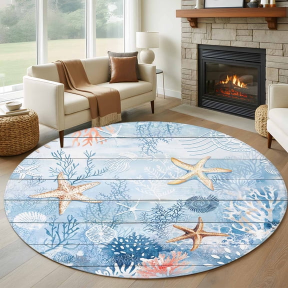 Blue Coastal Round Rug 5ft Washable Circle Kitchen Rugs Non Slip Starfish Coral Summer Beach Nautical Large Area Rug Indoor Floor Carpet for Bedroom Living Room Home Office Dining Room Nursery