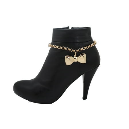 Women Gold Metal Chain Boot Bracelet Shoe Bow Tie Ribbon Charm Jewelry