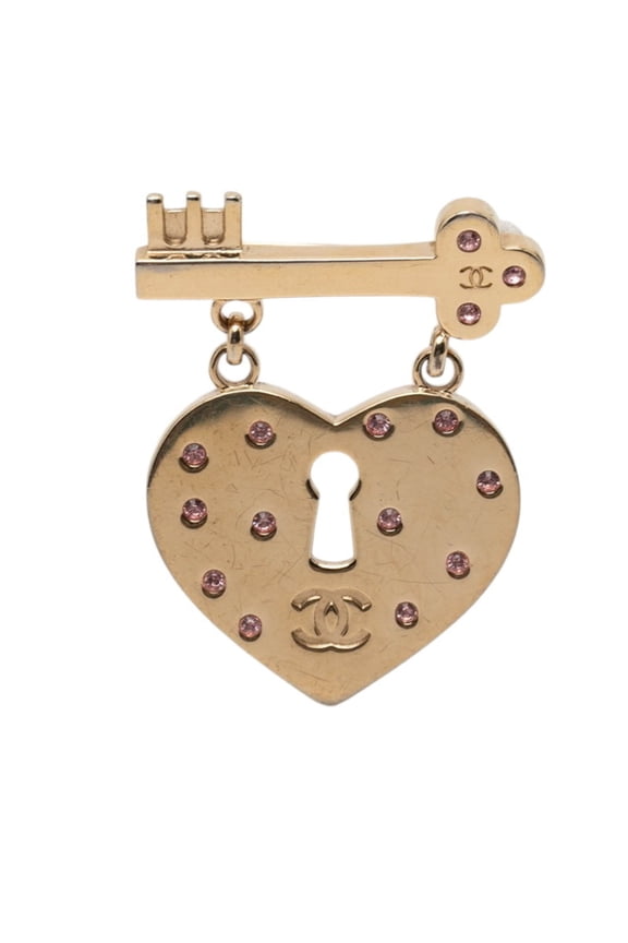 Pre-Owned Chanel Coco Mark Heart Lock Key Motif Brooch 02P Gold Pink Plated Rhinestone Women's...