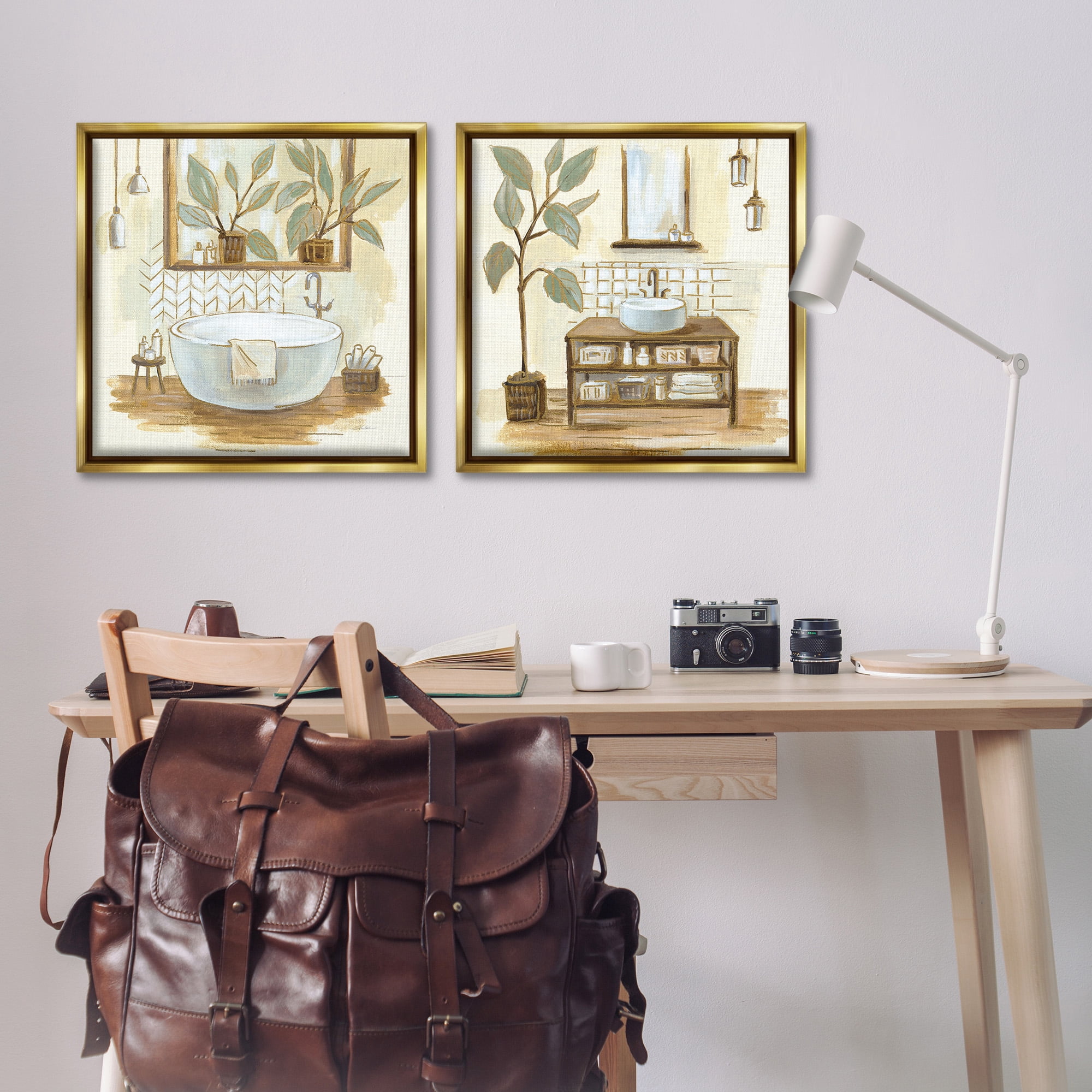 Stupell Industries Sage Green Bathroom Interiors Botanical & Floral Painting Gold Floater Framed Canvas Art Print Wall Art, 25 x 25, Set of 2