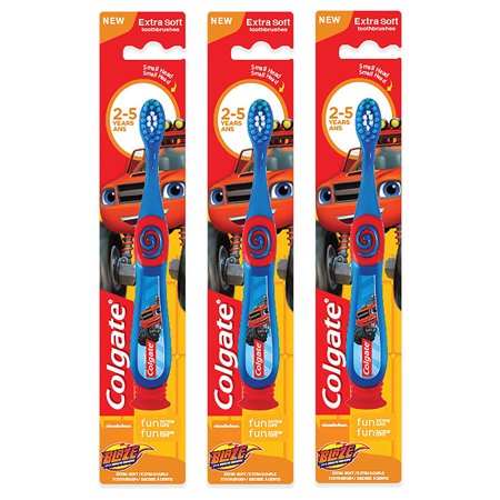 Pack of (3) Colgate Kids Blaze Toothbrush with Soft Bristles and Suction Cup Holder, Assorted Colors