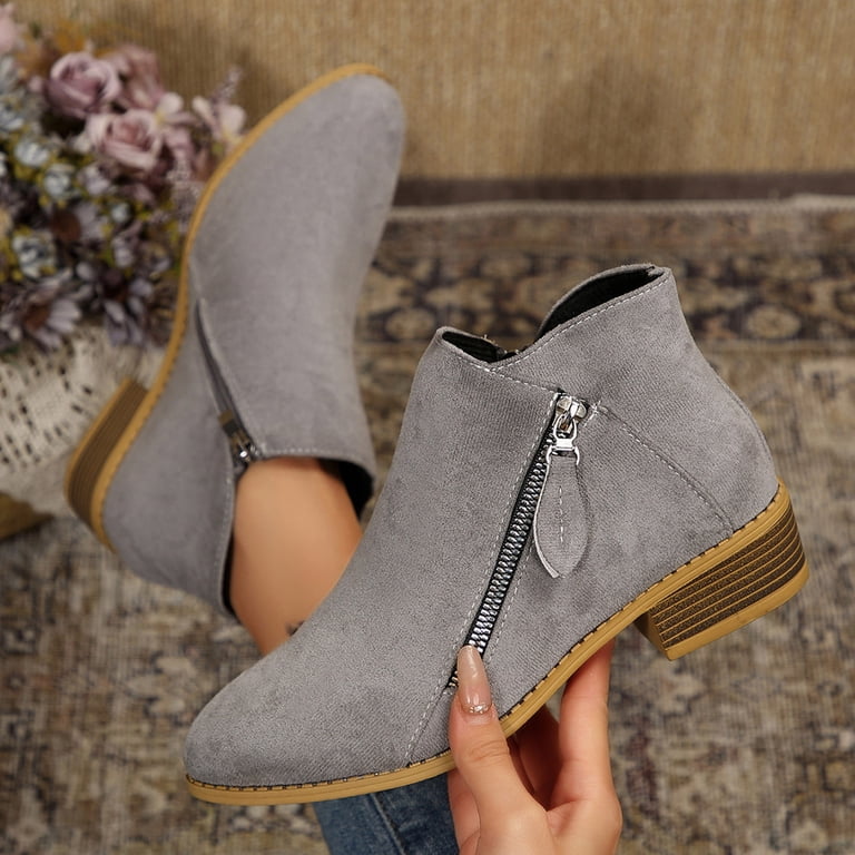 Womens Boots Low Heel Round Toe Ankle Short Boots with Side Zipper