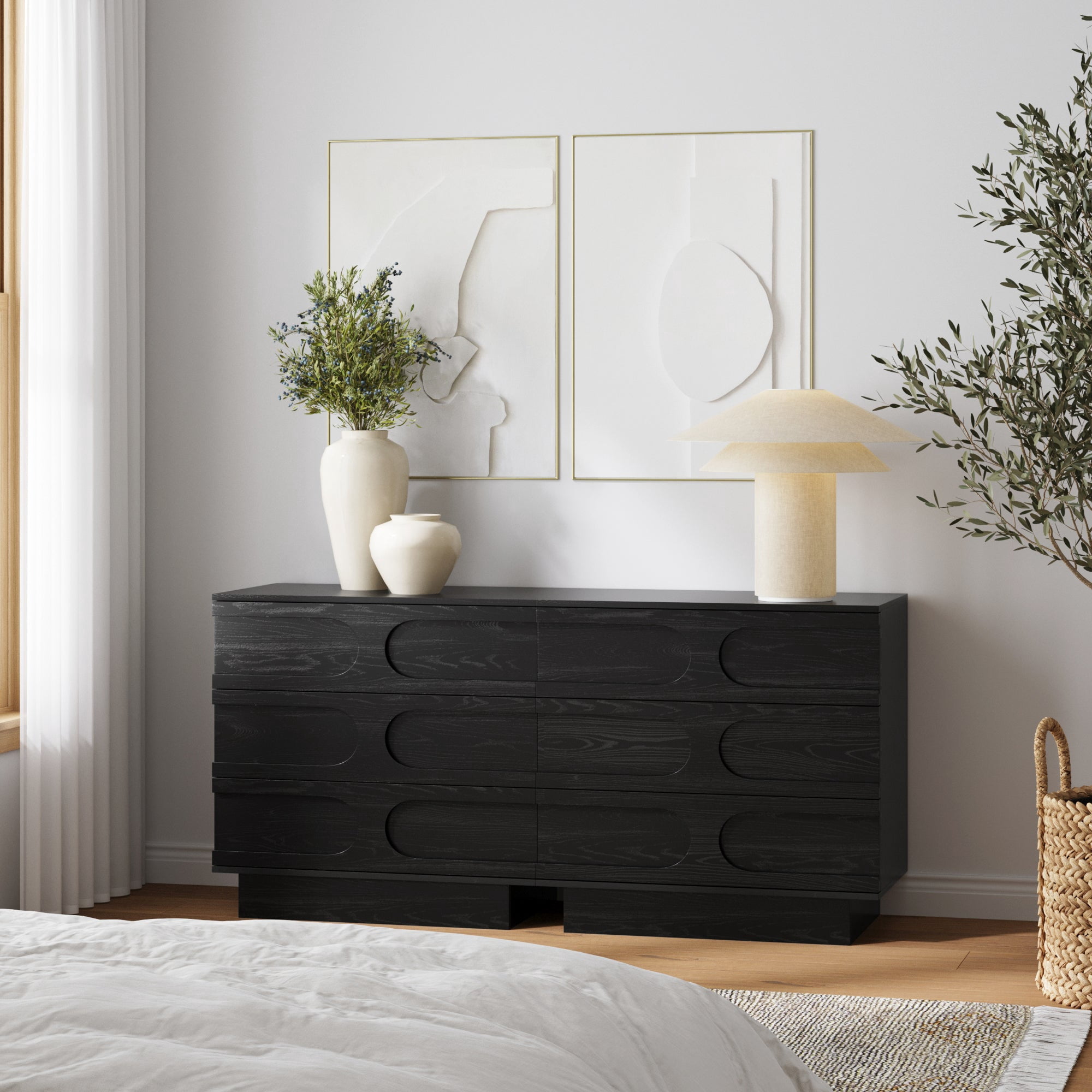 Nathan James Iris 3 Drawer Dresser, Mid-Century Modern Solid Wood Dresser for Bedroom, Black Oak