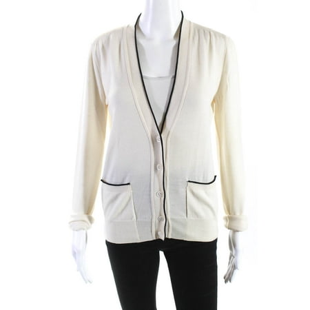 

Pre-owned|Yves Saint Laurent Womens V Neck Button Up Piping Cardigan Ivory Black Sz Medium