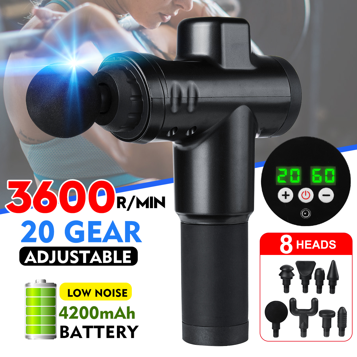 Muscle Massage Gun, 20 Gears 3600R/MIN + 8 Massage Head Fascia Gun Cordless LCD Display Therapy