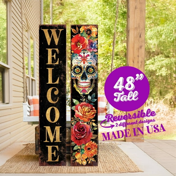 Dia de los Muertos Sugar Skull Porch Sign | Reversible Day of the Dead Decor