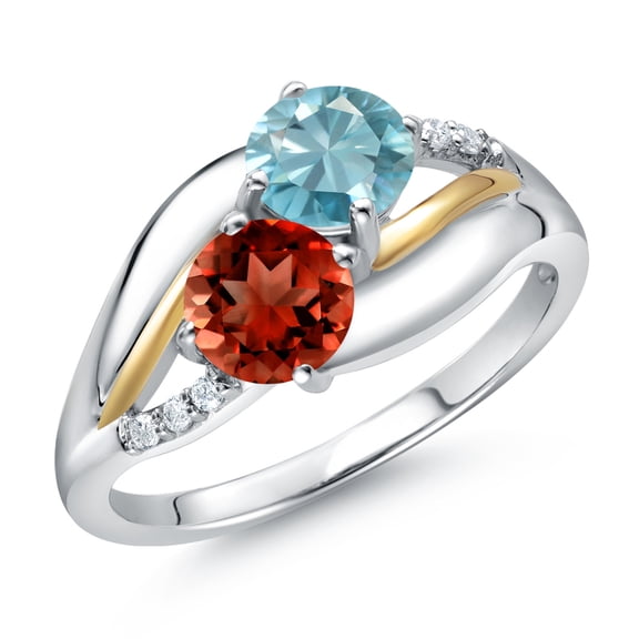 Gem Stone King 925 Sterling Silver and 10K Yellow Gold Red Garnet Blue Zircon and Lab Grown Diamond 2 Stone Engagement Ring for Women (1.89 Cttw, Round 5MM, January Birthstone, Size 5)