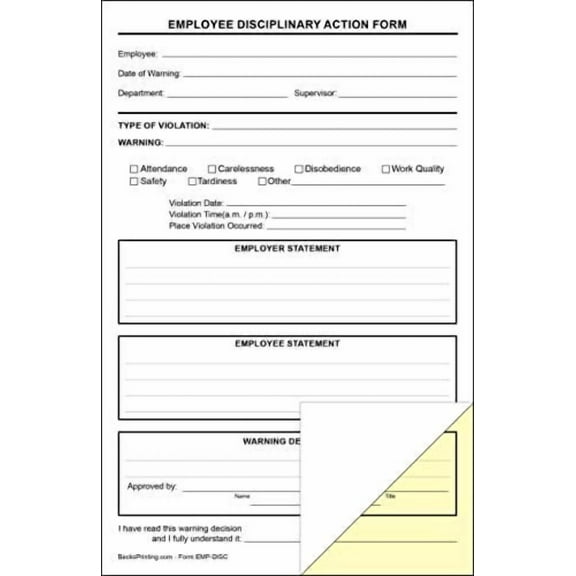 Employee Disciplinary Action Forms 2 Part Carbonless Paper - Pack of 250
