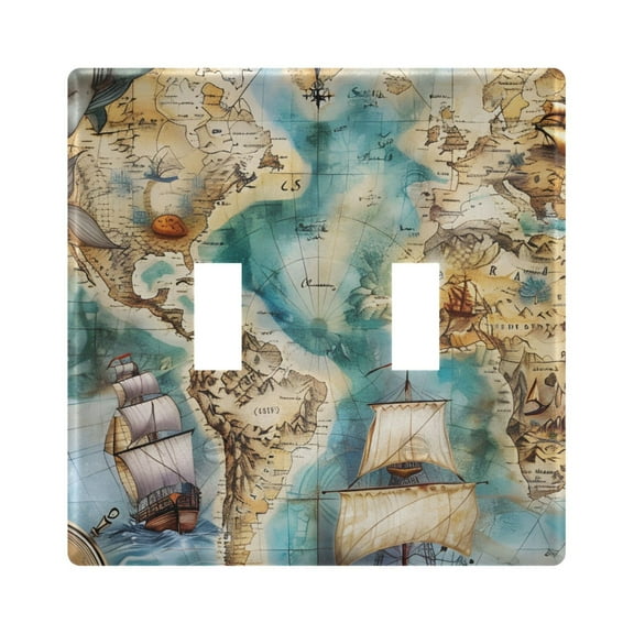 Sailing Ship and Nautical Chart Light Switch Plate Covers 2 Gang Wall Plate Plastics Outlet Covers for Kitchen Home Office Decor
