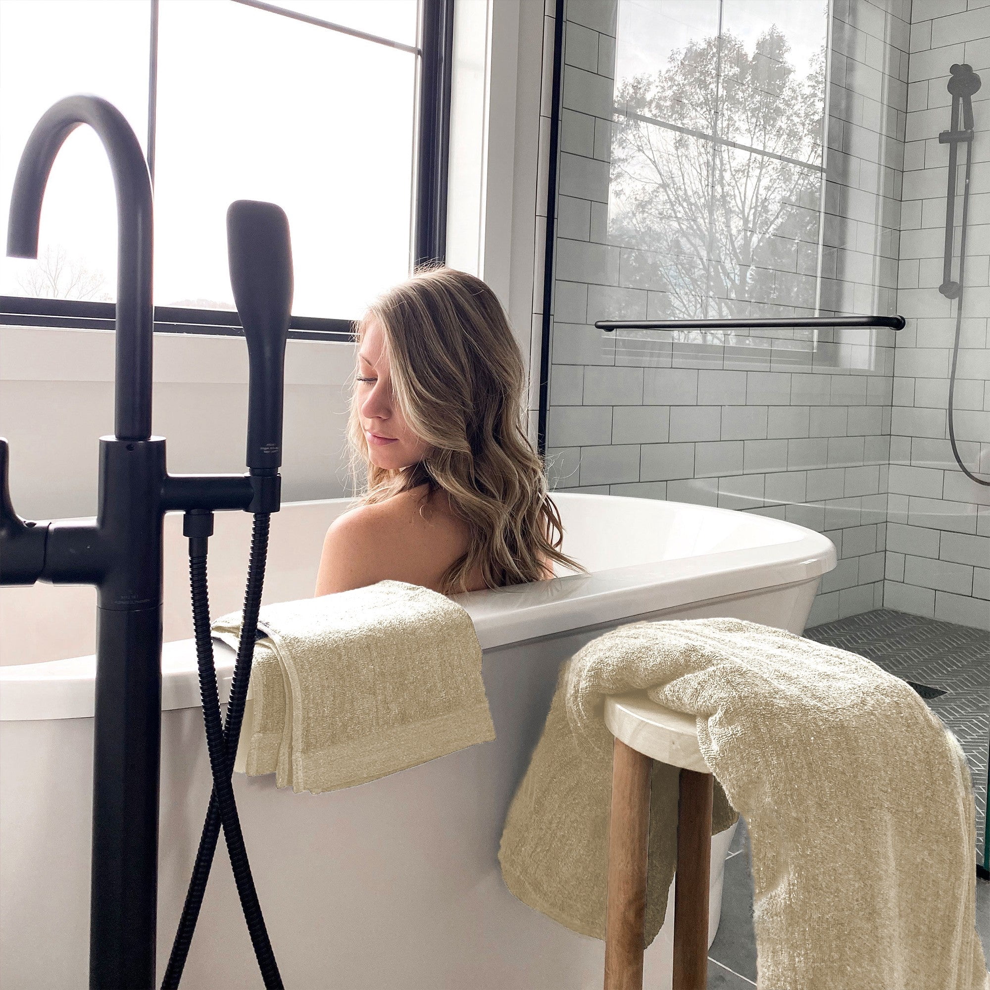 BedVoyage Bath Sheet & Hand Towel Set 3pc - Viscose from Bamboo + Cotton – 600 GSM - Absorbent & Odor Resistant - Sand