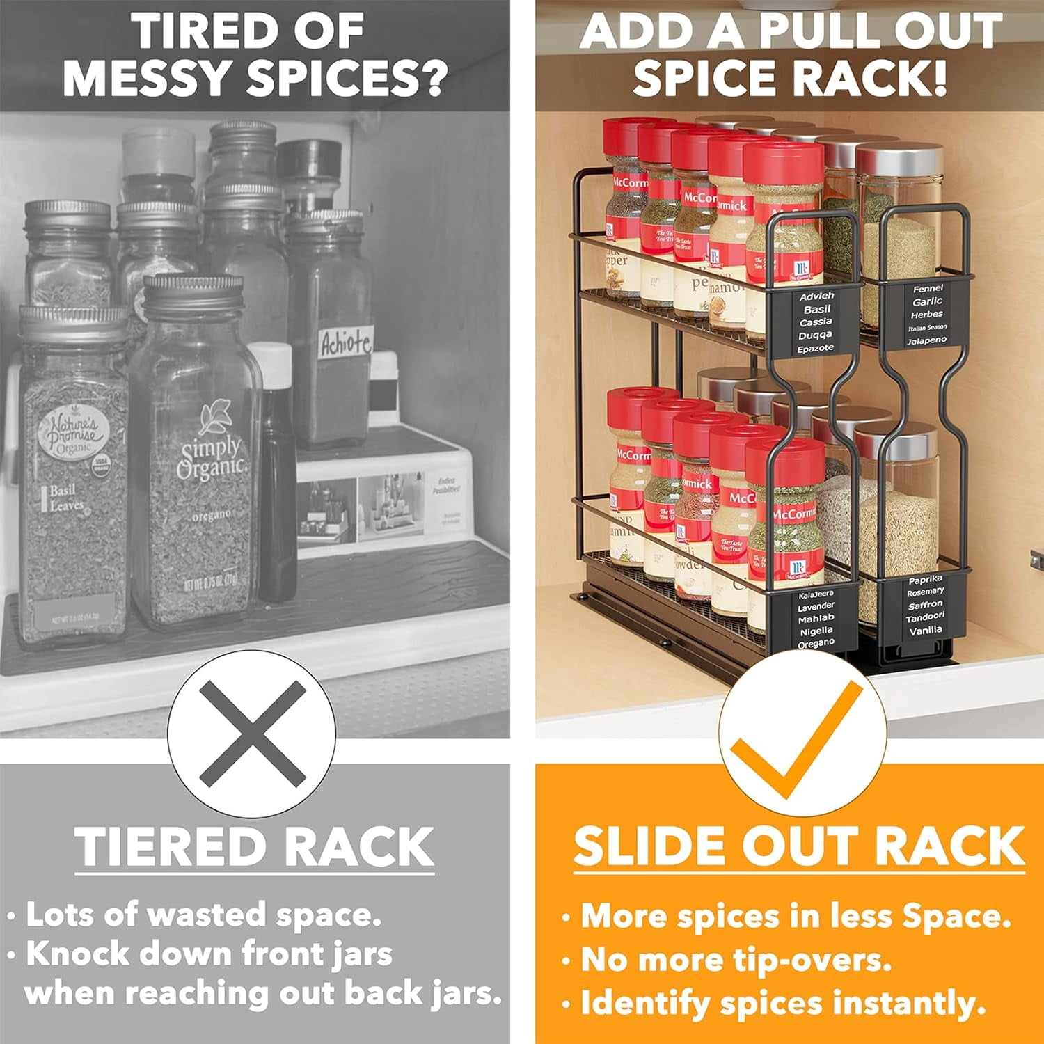 SpaceAid Pull Out Spice Rack Organizer with Labels, 2 Drawers 2-Tier, 5.2" W x10.75 D x10 H