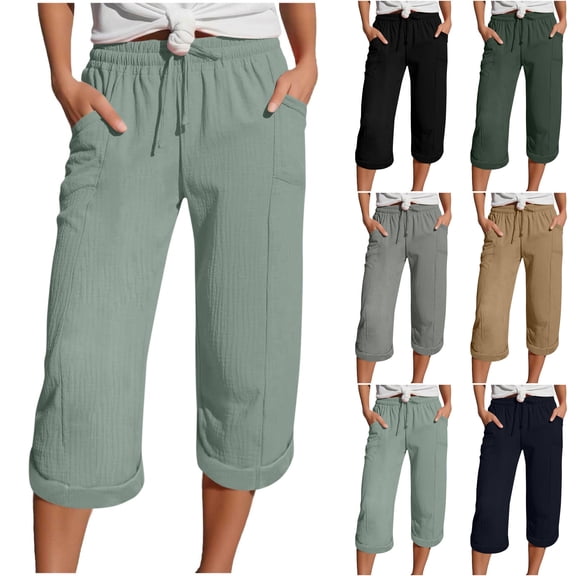 Nugftut Womens Capris Drawstring Soft Lightweight Waist Roll Cuff Capri Pants with Side Pockets