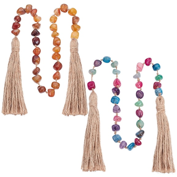 2pcs Agate Stone Hand Knotted Garland 23.6 inch Gemstone Bead Garland Knotted Prayer Beads Decor Hanging Beaded Garlands with Tassels