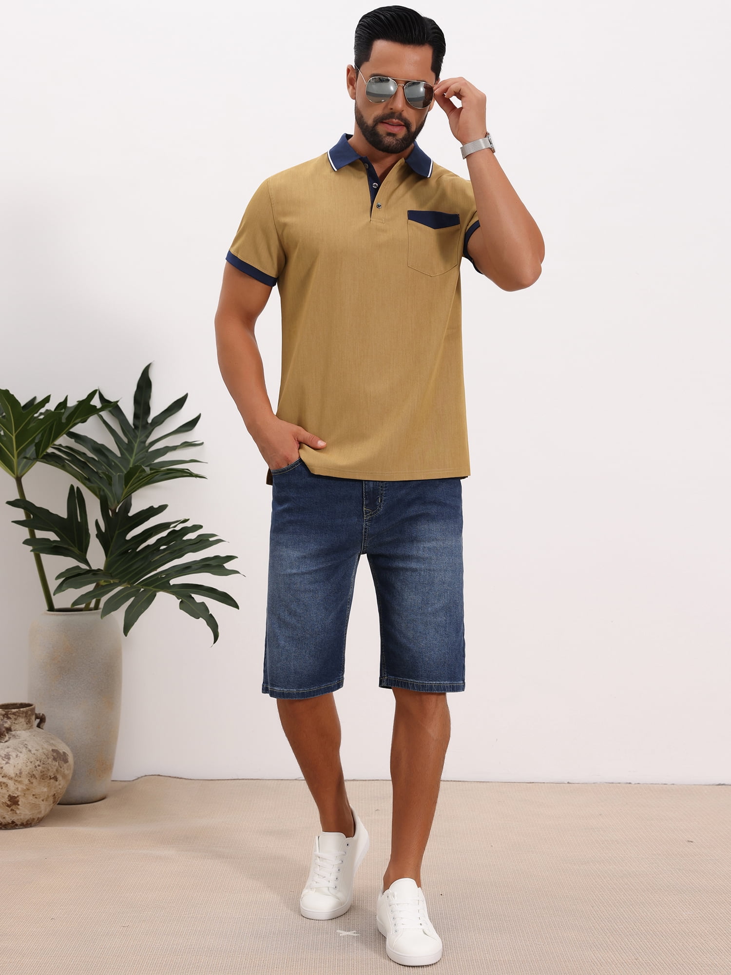 DARING DIVA Men's Short Sleeve Western Retro Stretch Color-Block Polo Shirts M Khaki