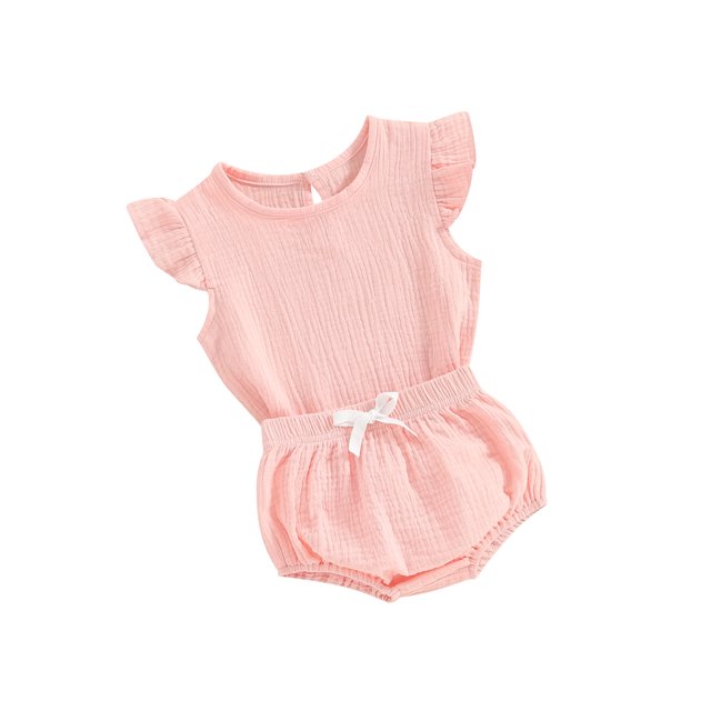 SUNSIOM Bébé Fille Shorts Tenue Couleur Unie Mouche Manches Col Rond T-Shirt avec Short 2 Pcs Vêtements d'Été