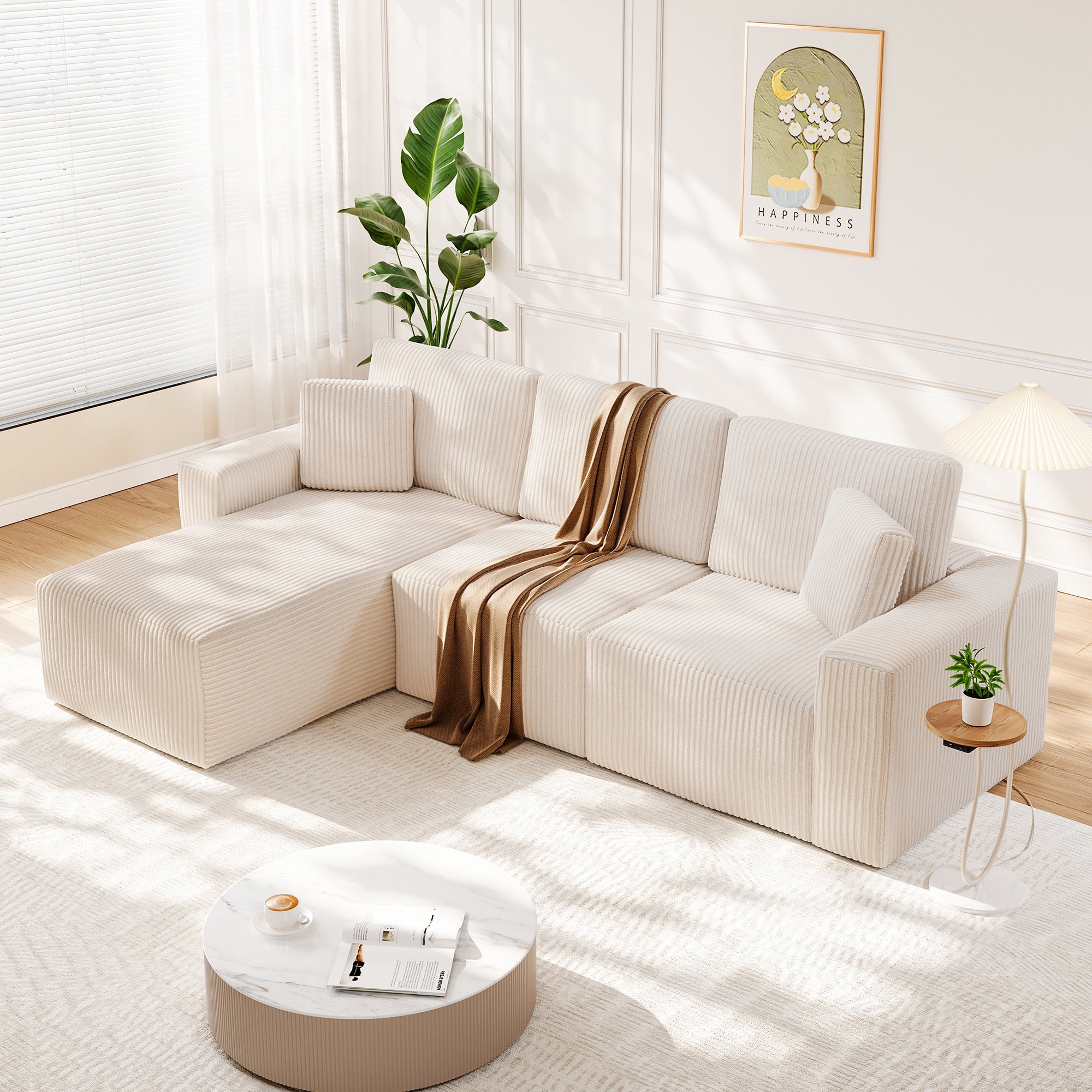 Solid Wood Frame Corduroy Sofa Couch, Neche 100" Sectional for Living Room, L-Shaped, Beige