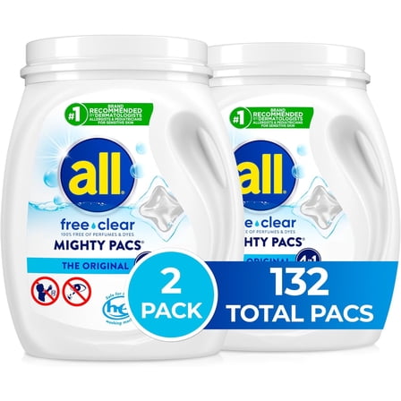 free clear, Original, MIGHTY PACS Laundry Detergent Pacs for Sensitive Skin, Unscented and Hypoergenic, 66 Count (Pack of 2)