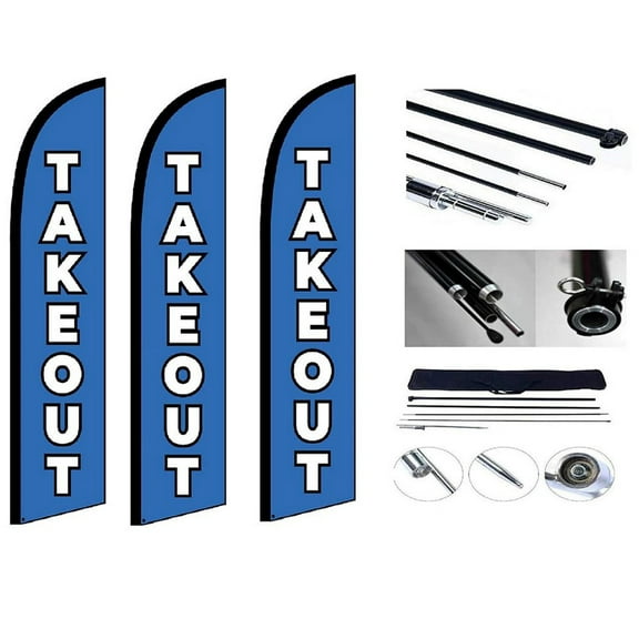 Takeout Business Windless Feather Flutter Flag 10 x 2.5 Foot Flag and 13 Feet Pole & Ground Stake (3)
