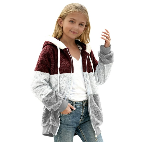 Posijego Big Boys Girls Fleece Coat Zip up Long Sleeve Hooded Warm Fuzzy Outerwear Jackets with Pockets