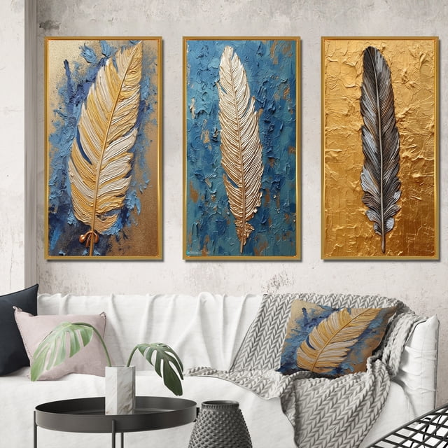 Designart "Exquisite Boho Glam Blue Feather Painting" Feathers Framed Wall Art Set Of 3 - Gold Modern Frame Gallery Set For Office Decor